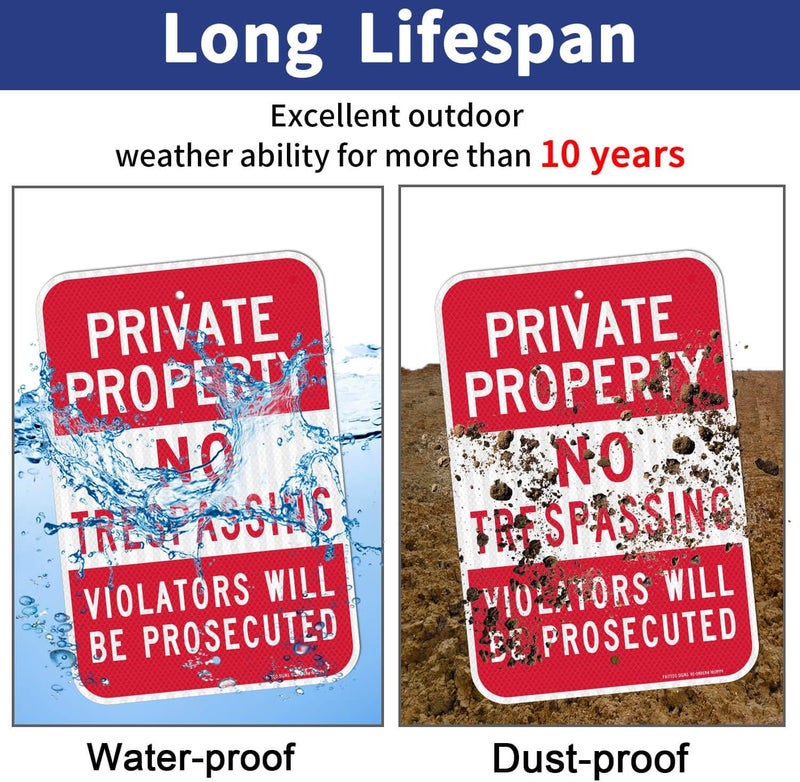 Faittoo (2 Pack) Private Property No Trespassing Sign, Violators Will Be Prosecuted, 18 x 12 Engineer Grade Reflective Sheeting Rust Free Aluminum, Weather Resistant, Waterproof, Easy to Mount - Image 4